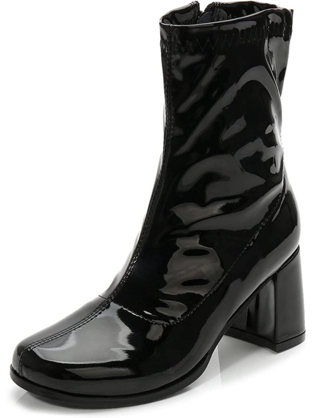 🆕Women's Black Patent Gogo Boots Square Toe Chunky Block Heel Shoes